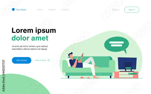 Man lying on sofa and watching TV. Channel, information, rest flat vector illustration. Leisure and entertainment concept for banner, website design or landing web page