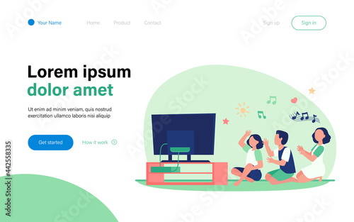 Happy people sitting on floor and listening music channel. TV, home, friend flat vector illustration. Leisure and entertainment concept for banner, website design or landing web page