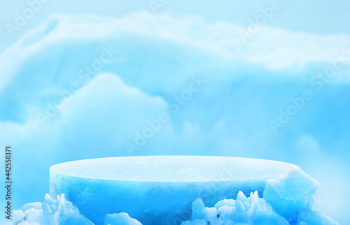 Glacier ice podium for mockup display or presentation of products. Advertising theme concept. photo