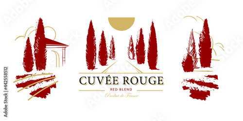 Wine label template with cypress trees