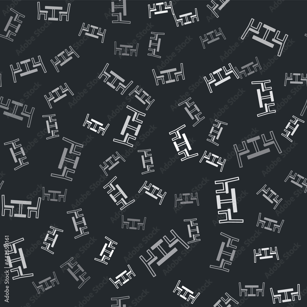 Grey Wooden table with chair icon isolated seamless pattern on black background. Street cafe. Vector