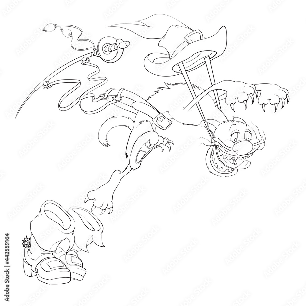 sketch, a cat from a fairy tale in boots hunt for a mouse, coloring book, cartoon illustration, isolated object on a white background, vector, sketch, a cat from a fairy tale in boots hunt for a mouse, coloring book, cartoon illustration, isolated object on a white background, vector,