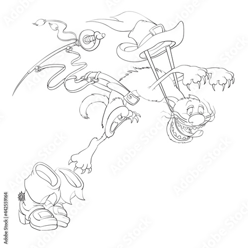 sketch, a cat from a fairy tale in boots hunt for a mouse, coloring book, cartoon illustration, isolated object on a white background, vector,