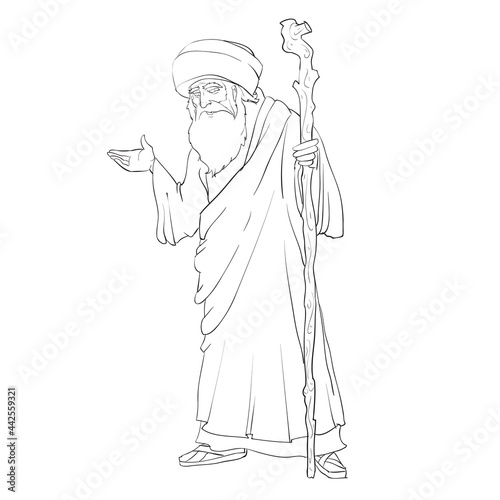 sketch, ancient Jewish sage with a staff, coloring book, isolated object on white background, vector illustration,