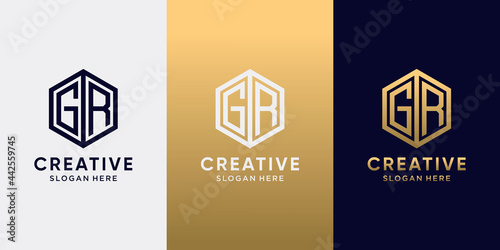 Creative monogram logo design initial letter GR with line art style and hexagon concept