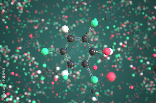 2,4,6-trichlorophenol molecule, conceptual molecular model. Scientific 3d rendering