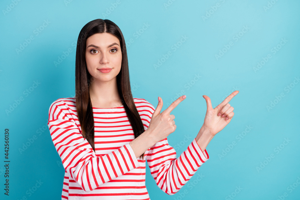 Photo of lovely brunette hairdo millennial lady point empty space wear red shirt isolated on blue color background Photo of lovely brunette hairdo millennial lady point empty space wear red shirt isolated on blue color background