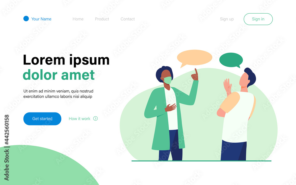 Man in mask talking with guy without mask. Discussion, speech bubble, virus flat vector illustration. Pandemic and protection concept for banner, website design or landing web page Man in mask talking with guy without mask. Discussion, speech bubble, virus flat vector illustration. Pandemic and protection concept for banner, website design or landing web page