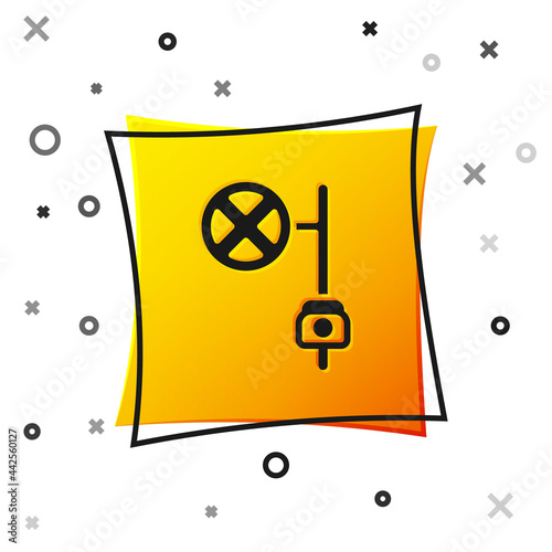 Black Stop sign with camera icon isolated on white background. Traffic regulatory warning stop symbol. Yellow square button. Vector