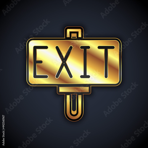 Gold Fire exit icon isolated on black background. Fire emergency icon. Vector