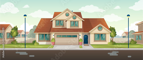 House in the suburbs, Residential two-story cozy house with garage and attic. House with lawn and trees against the backdrop of the city. Rent a cottage. Perfect as a background for animation.