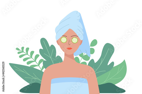 Woman with a towel on her head and cucumber slices on the eyes. Vector illustration of the concept of beauty, hygiene. Natural background.