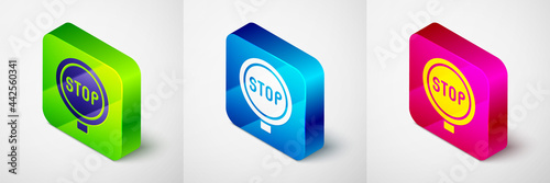 Isometric Stop sign icon isolated on grey background. Traffic regulatory warning stop symbol. Square button. Vector