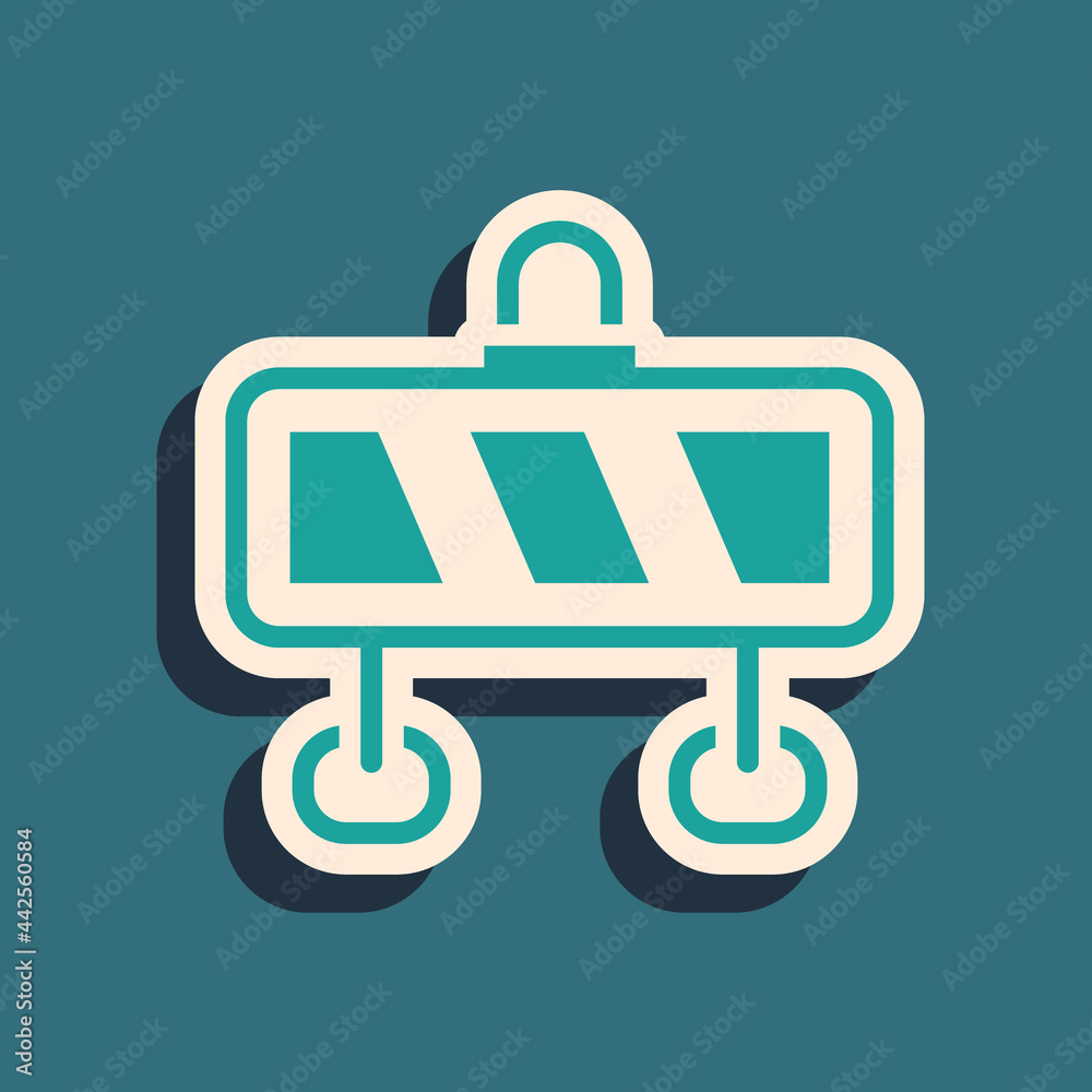 Green Road barrier icon isolated on green background. Symbol of restricted area which are in under construction processes. Repair works. Long shadow style. Vector Green Road barrier icon isolated on green background. Symbol of restricted area which are in under construction processes. Repair works. Long shadow style. Vector