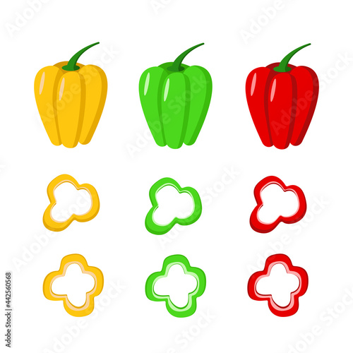 Set of Bulgarian peppers and slices. Colored sweet pepper vector illustration isolated on white.