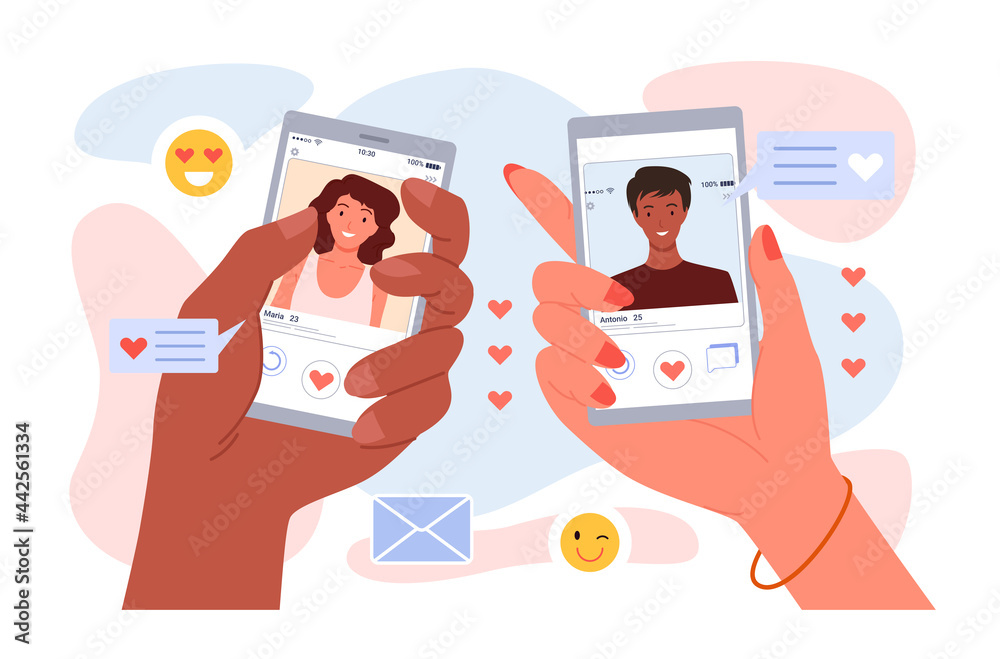 Cartoon male female hands holding phones with dating chat app on screen and portraits of young man and woman isolated on white. Online romantic dating conversation, virtual meeting vector illustration Cartoon male female hands holding phones with dating chat app on screen and portraits of young man and woman isolated on white. Online romantic dating conversation, virtual meeting vector illustration