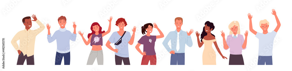 People greeting and waving hand vector illustration set. Cartoon diverse happy young man woman characters smiling and standing with welcome gesture, greet, say goodbye or hello isolated on white People greeting and waving hand vector illustration set. Cartoon diverse happy young man woman characters smiling and standing with welcome gesture, greet, say goodbye or hello isolated on white