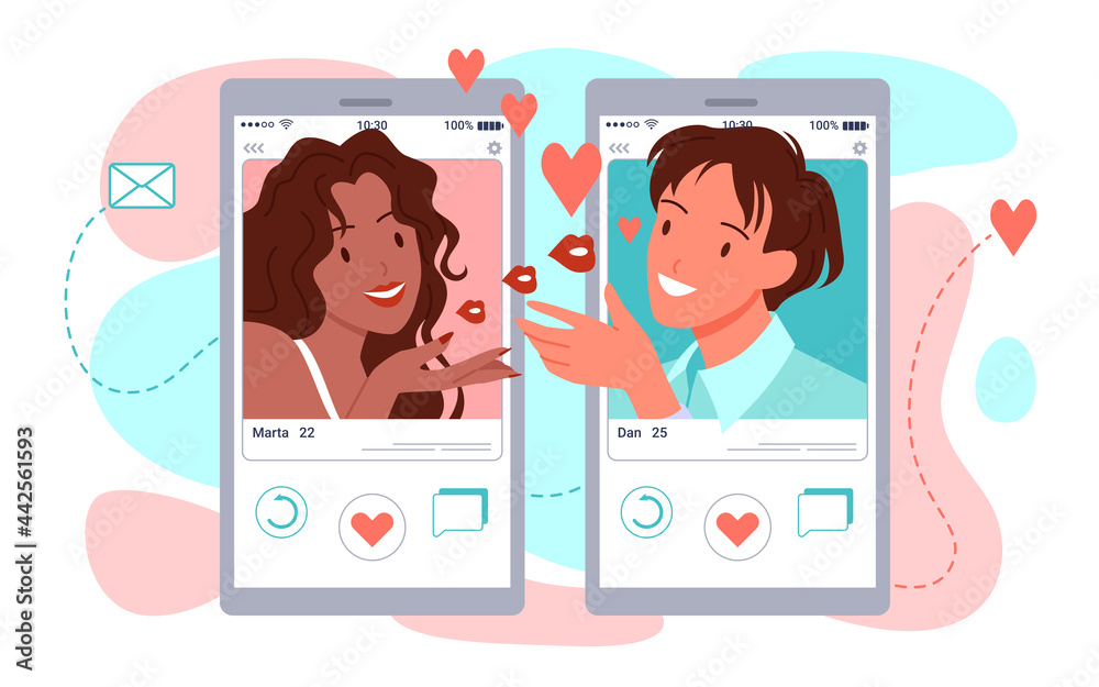 Cartoon male female hands holding phones with dating chat app on screen and portraits of young man and woman isolated on white. Online romantic dating conversation, virtual meeting vector illustration Cartoon male female hands holding phones with dating chat app on screen and portraits of young man and woman isolated on white. Online romantic dating conversation, virtual meeting vector illustration