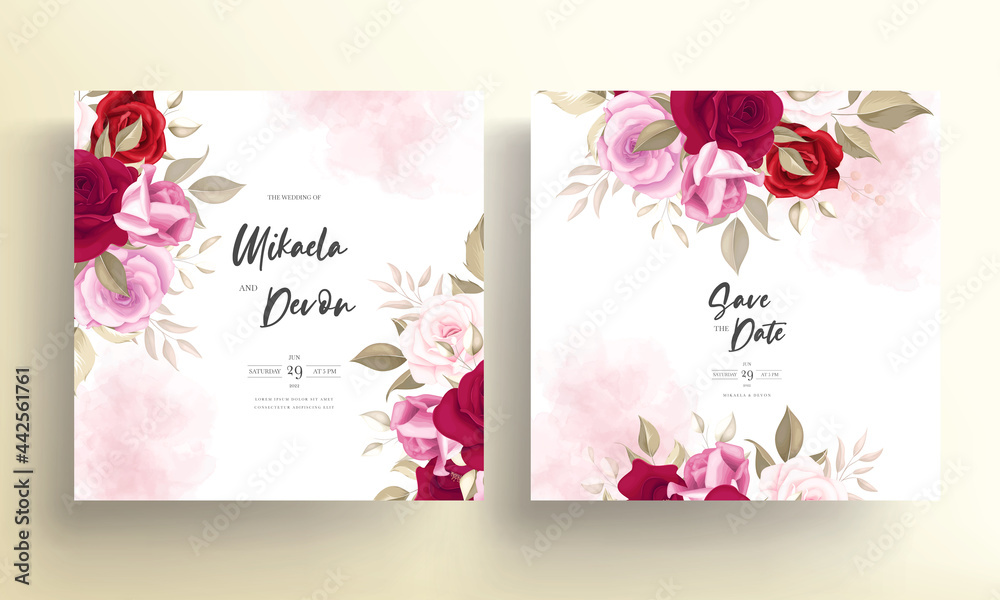  Wedding invitation card with beautiful maroon flower decoration