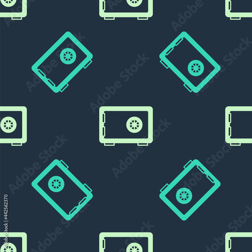 Green and beige Safe icon isolated seamless pattern on blue background. The door safe a bank vault with a combination lock. Reliable Data Protection. Vector