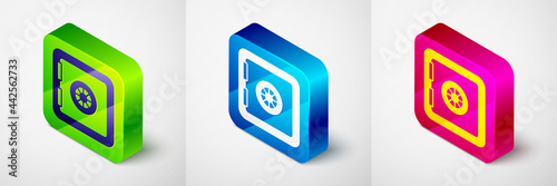 Isometric Safe icon isolated on grey background. The door safe a bank vault with a combination lock. Reliable Data Protection. Square button. Vector