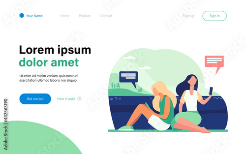 Two women relaxing on nature and using smartphones. Nature, social media, message flat vector illustration. Digital technology and lifestyle concept for banner, website design or landing web page
