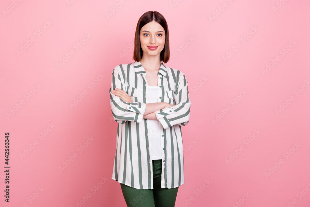 Photo of bossy brunette young lady crossed arms wear white shirt isolated on pink color background