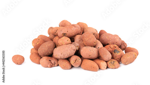 Expanded clay drainage isolated on white background. Whole brown clay pebbles.