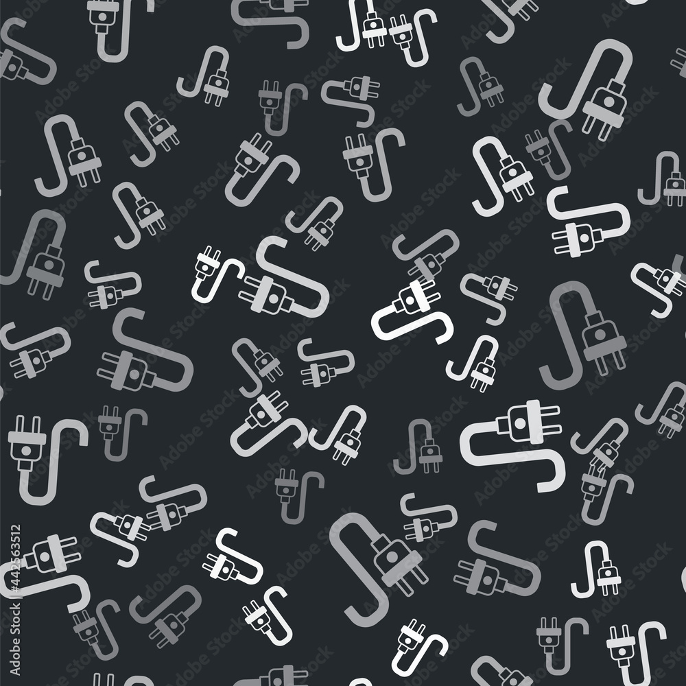 Grey Electric plug icon isolated seamless pattern on black background. Concept of connection and disconnection of the electricity. Vector Grey Electric plug icon isolated seamless pattern on black background. Concept of connection and disconnection of the electricity. Vector