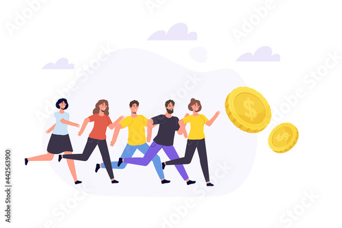  Cash race,  chasing for big money concept. Competitors striving for richness. Characters running to hit jackpot.  Vector illustration