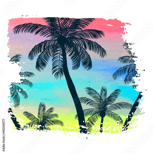 Handmade poster on watercolor brush stroke background with palm trees, creative summer pattern, print. Vector