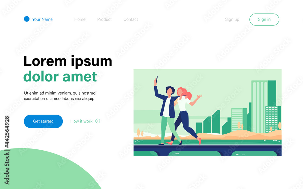 Obraz premium Young couple taking selfie on bridge with cityscape. Tourist, smartphone, sea flat vector illustration. Vacation and travel concept for banner, website design or landing web page