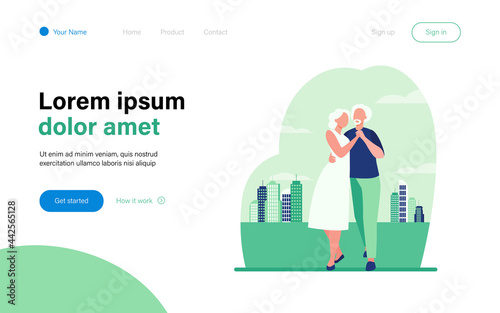 Senior couple dancing outside. Old man and woman holding hands and embracing flat vector illustration. Love, relationship, elderly age concept for banner, website design or landing web page