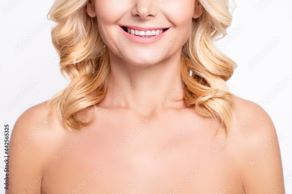 Cropped photo of senior woman happy positive smile lifting collagen therapy isolated over grey color background Cropped photo of senior woman happy positive smile lifting collagen therapy isolated over grey color background