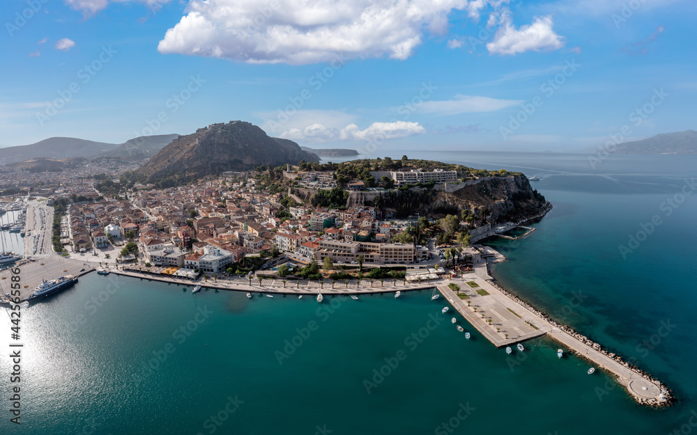 Nafplio or Nafplion city, Greece, Old town and fortress aerial drone view.