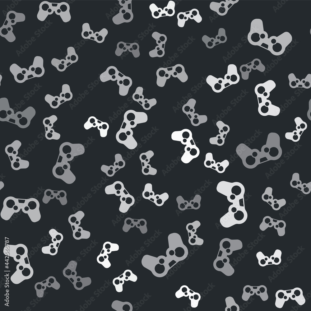 Grey Gamepad icon isolated seamless pattern on black background. Game controller. Vector