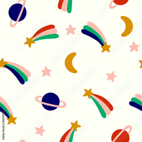 Stylish vector cosmos pattern design with falling stars, moon and planet. Funny  texture for kids pajamas in hand-drawn style.