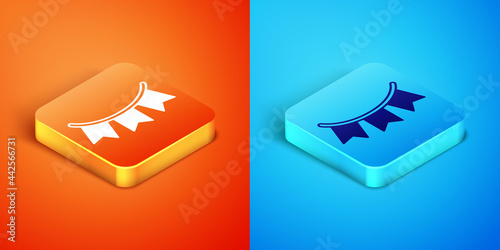 Isometric Carnival garland with flags icon isolated on orange and blue background. Party pennants for birthday celebration, festival decoration. Vector