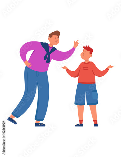 Angry father scolding and punishing son flat vector illustration. Sad and crying child making helpless gesture with hands. Conflict, relationship, screaming parent concept