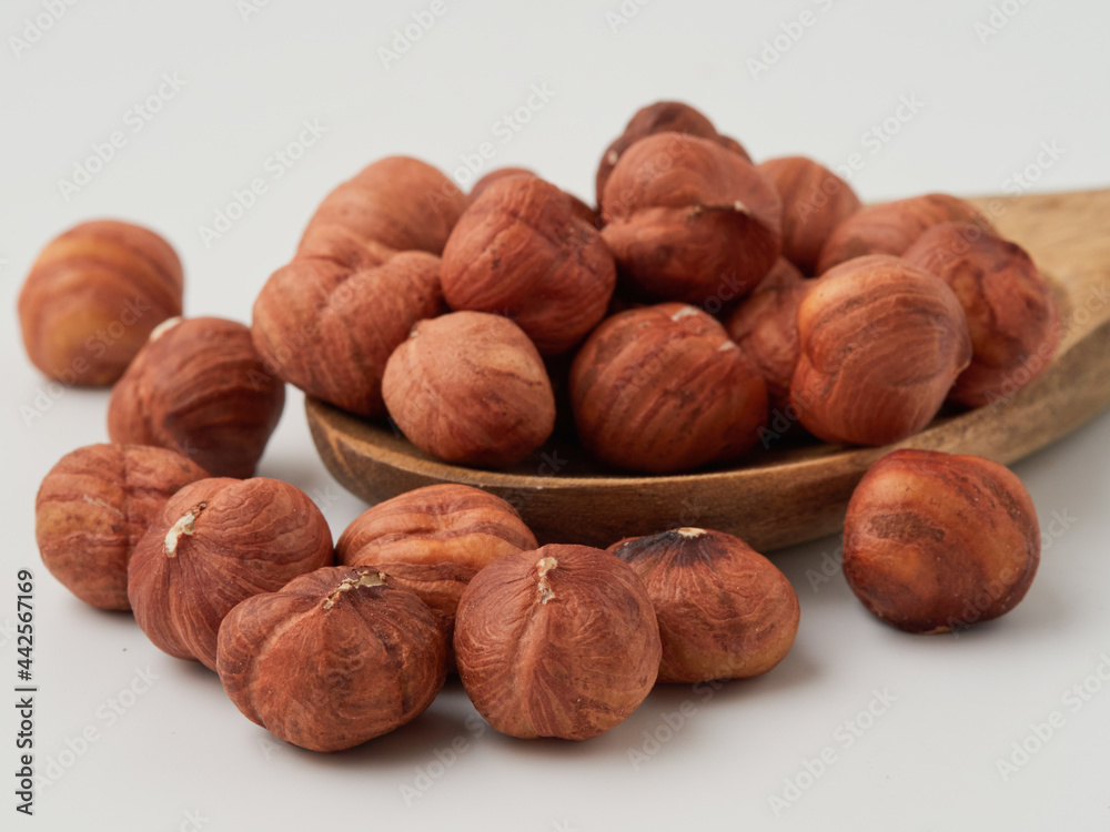 Close-up of hazelnut kernels on a white background, macro-detailed Close-up of hazelnut kernels on a white background, macro-detailed
