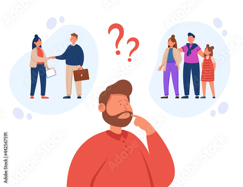 Man making choice between family and work. Male character having life concerns and troubles flat vector illustration. Difficult decision, business, difficulty concept