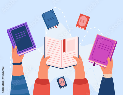 Top view of hands holding books flat vector illustration. School kids reading literature, gaining knowledge. Library, education, learning process concept
