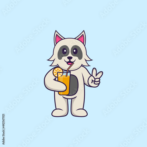 Cute dog holding orange juice in glass. Animal cartoon concept isolated. Can used for t-shirt  greeting card  invitation card or mascot. Flat Cartoon Style