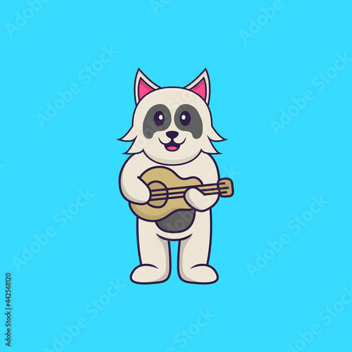 Cute dog playing guitar. Animal cartoon concept isolated. Can used for t-shirt, greeting card, invitation card or mascot. Flat Cartoon Style