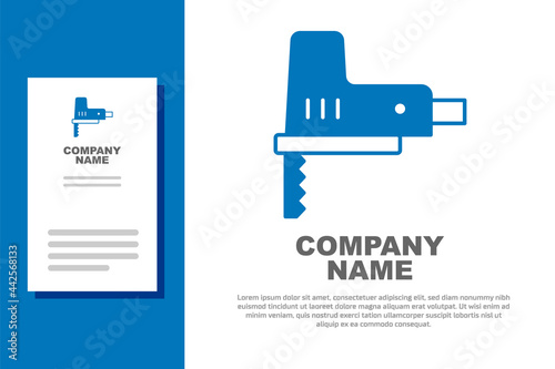 Blue Electric jigsaw with steel sharp blade icon isolated on white background. Power tool for woodwork. Logo design template element. Vector