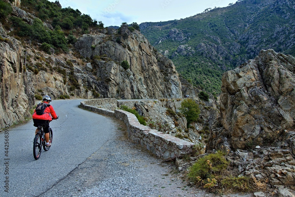 Fototapeta premium Corsica-cyclist in the canyon river Golo