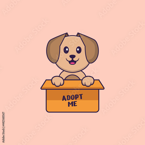 Cute dog in box with a poster Adopt me. Animal cartoon concept isolated. Can used for t-shirt, greeting card, invitation card or mascot. Flat Cartoon Style