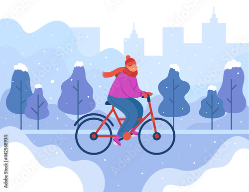 Happy girl riding bike in winter. Woman on bicycle outside in cold weather, silhouette of city flat vector illustration. Outdoor activity, transportation, seasons concept for banner, website design