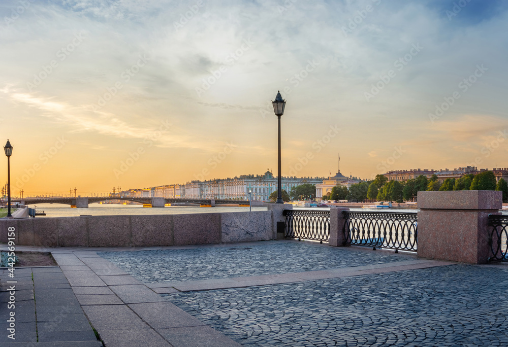 Summer dawn with views of the sights of St. Petersburg