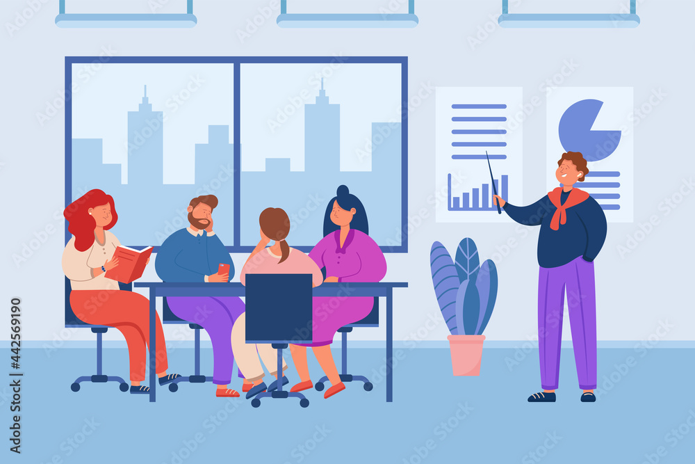 Manager giving tiresome presentation to audience in office. Cartoon  character giving boring lecture to team of people, training at work flat  vector illustration. Business meeting concept for banner Stock Vector |  Adobe